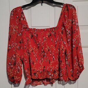 LC Lauren Conrad Smocked Puff-Sleeve Top, Red Floral, Large
